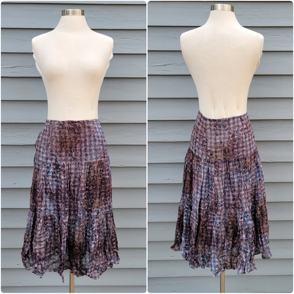 Peruvian Connection Flowy Summer Pleated Tiered Ruffle Floral Check Midi Skirt 8 - Picture 5 of 6